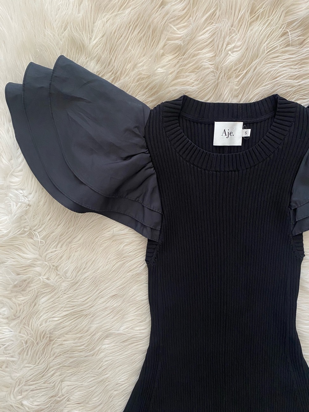 Aje Questa Puff Sleeve Mini Dress Black Ribbed Knit Little Black Dress US 4 - Picture 3 of 16
